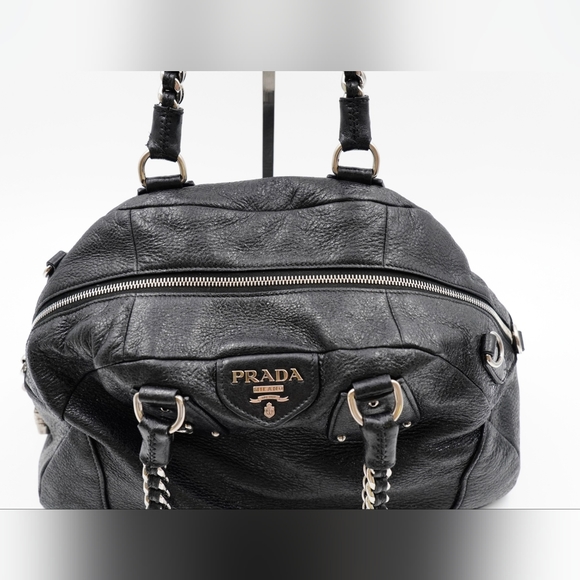 Prada Black Cervo Lux Leather Chain Bowling Bag - Picture 4 of 14